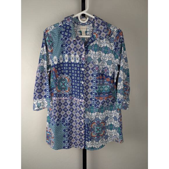 Chico's No Iron Button Front tunic top blue mixed print - Picture 2 of 7